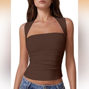 Womens Square Neck Tank Tops Side Ruched Double Lined Slim Fit Summer Crop Top L